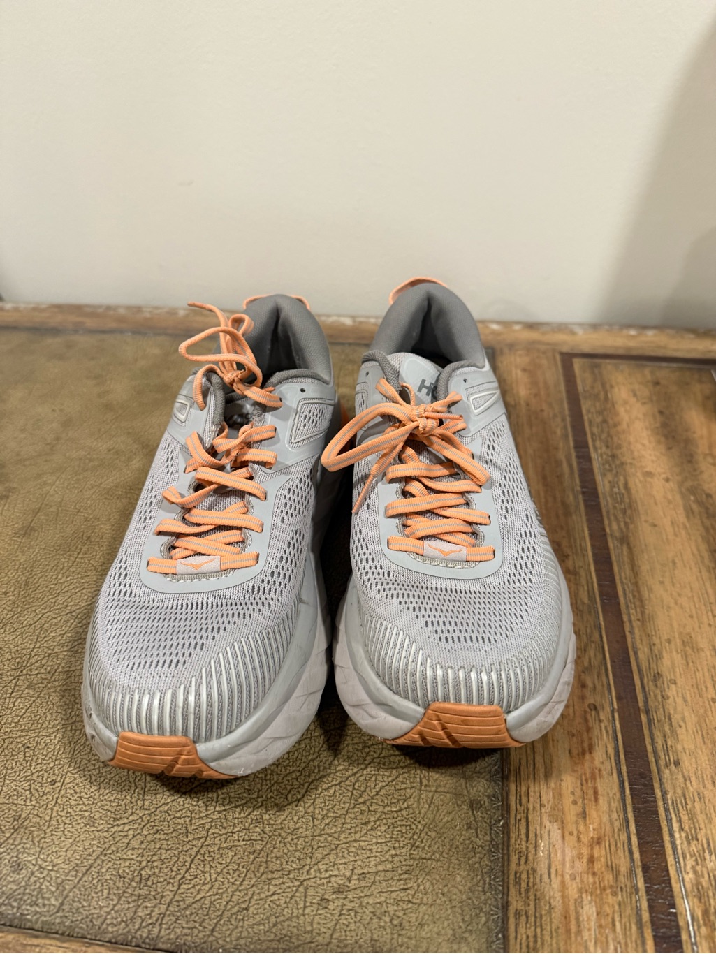 Hoka Hardly Worn Gray Athletic Sneakers With Peach Laces